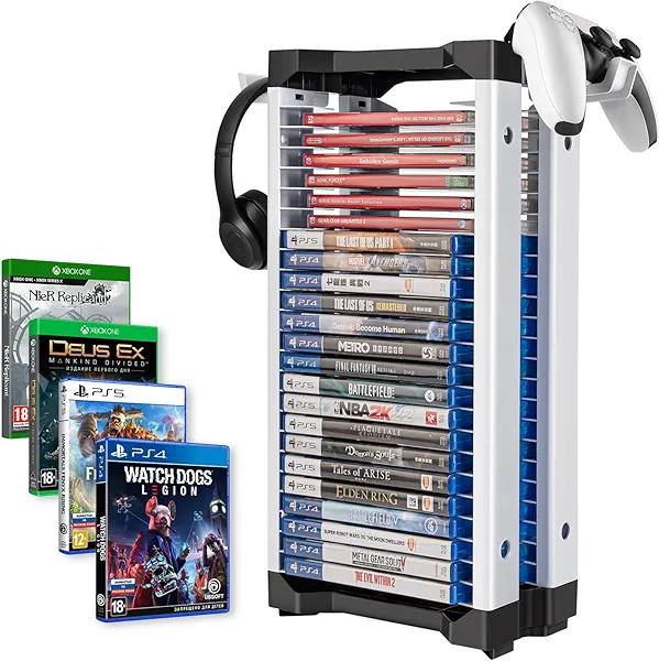 ASFSKY Video Game Storage Tower - 24 Game Holder Stand with 2 Hooks for Controllers Universal Organizer Compatible with PS5, PS4, Xbox, Switch Games (23)