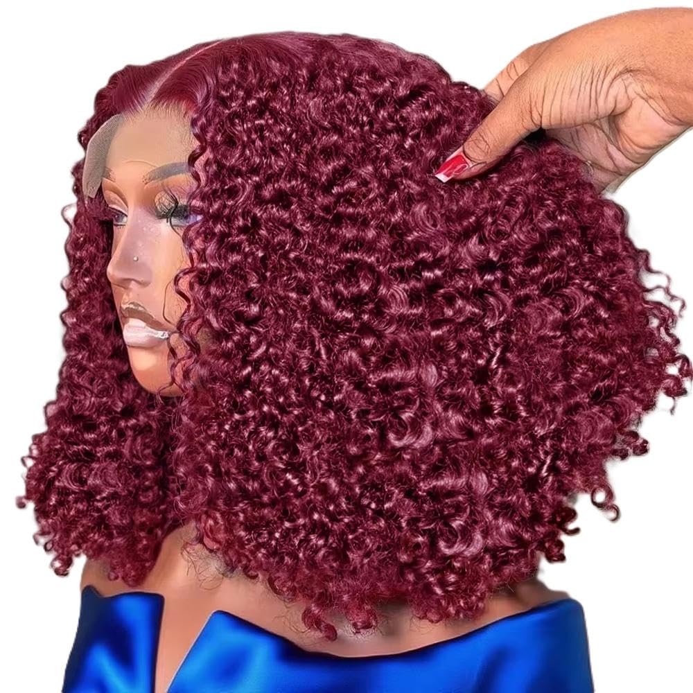 Haarpflege Burgunderrote Kurze Wasserwellen-Bob-Perücke 100% Echthaar 13 X 4 Lace-Frontal-Perücken 220% Dichte(220 Density,12inches)