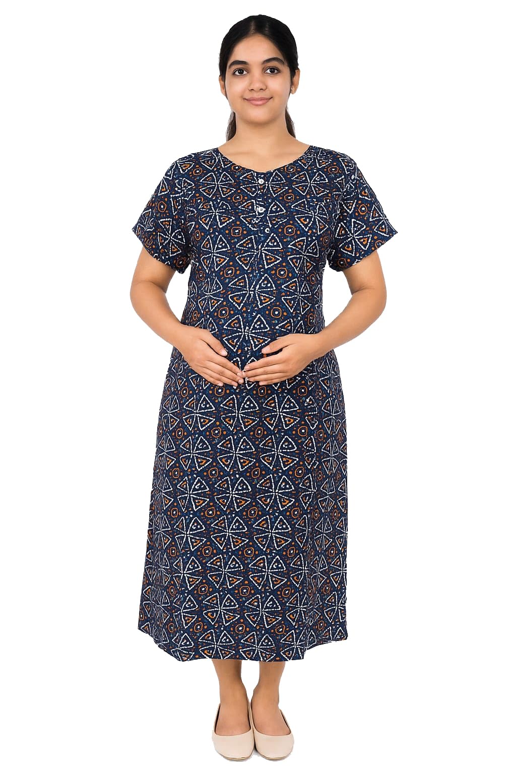 Navy Blue Floral Pure Cotton Maternity Maxi/Nighty/Free Size/Feeding/Nursing/Zipper/with Pocket-image-46