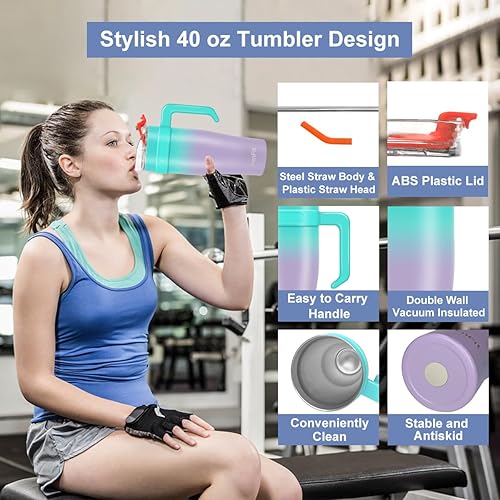 Miniatura 5 de Vaso de 40 onzas con asa y popote, taza de viaje de acero inoxidable aislada, mantiene el frío hasta 34 horas, a prueba de sudor, apto para