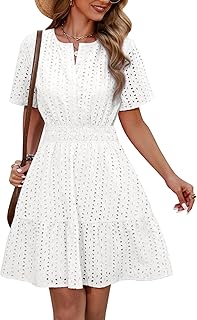 Yuson Girl Women's Summer Dress V-Neck Short Sleeve Dresses Summer Cotton Hollow Mini Dress Short Beach Dress Casual Dress High Waist A-line Summer Dress
