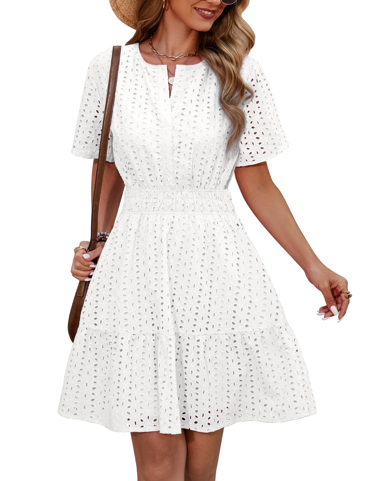 Yuson Girl Kleid Damen Sommerkleid V-Ausschnitt Kurzärmeliges Kleider Sommer Baumwolle Ausgehöhltes Minikleid Kurz Strandkleid Freizeitkleid High Waist A-Linien Sommerkleid