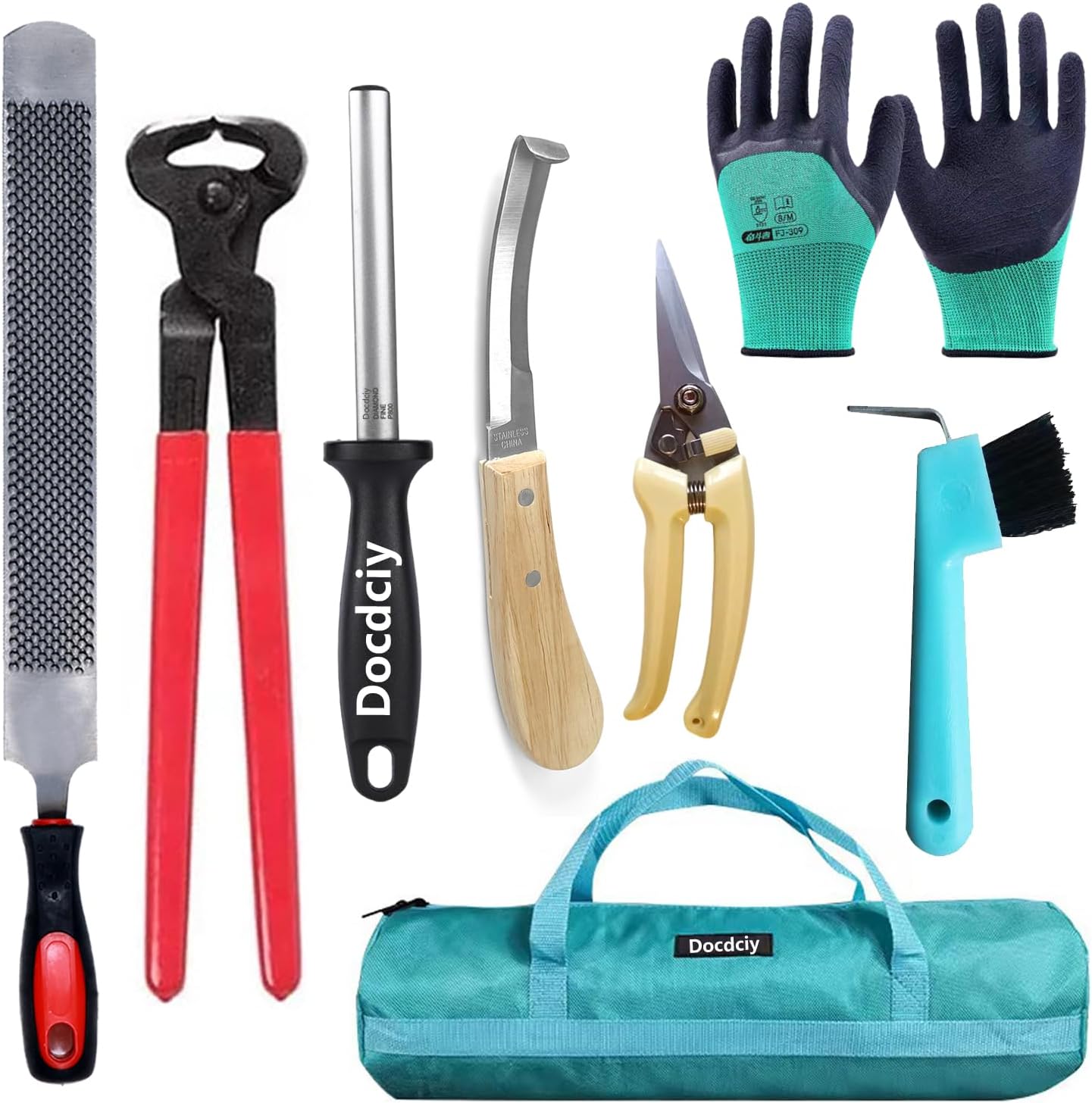 8 Piece Farrier Tool Kit, 14 Inch Horse Hoof Trimming Tools Include Hoof Knife, Hoof Nippers, Hoof Rasp, Hoof Pick, Hoof Knife Sharpener，Gloves and Bag