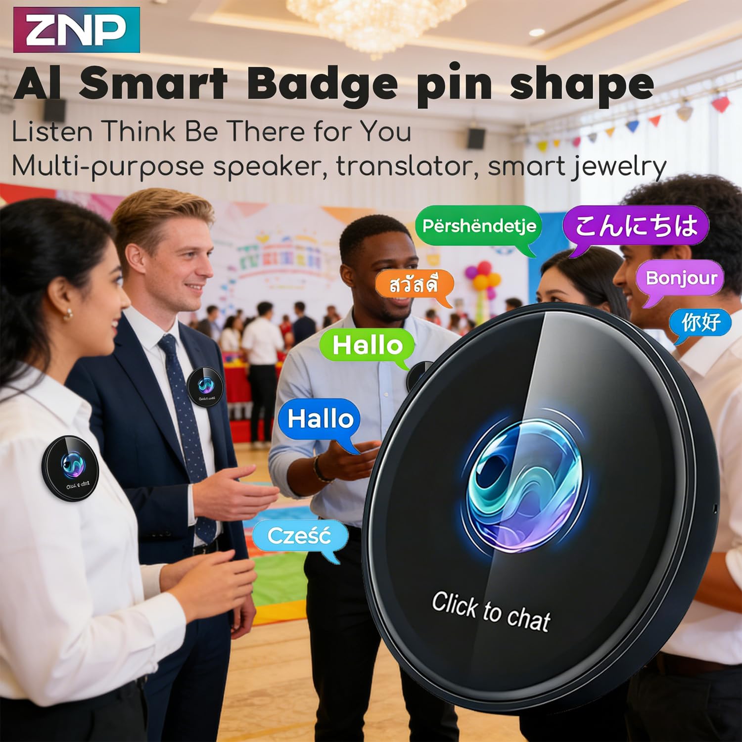 AI Badge Traduttore Simultaneo Vocale con 60 lingue in tempo reale, Smart E-Badge portatile con schermo LCD HD, Bluetooth 6.0, traduttore vocale per viaggi, affari