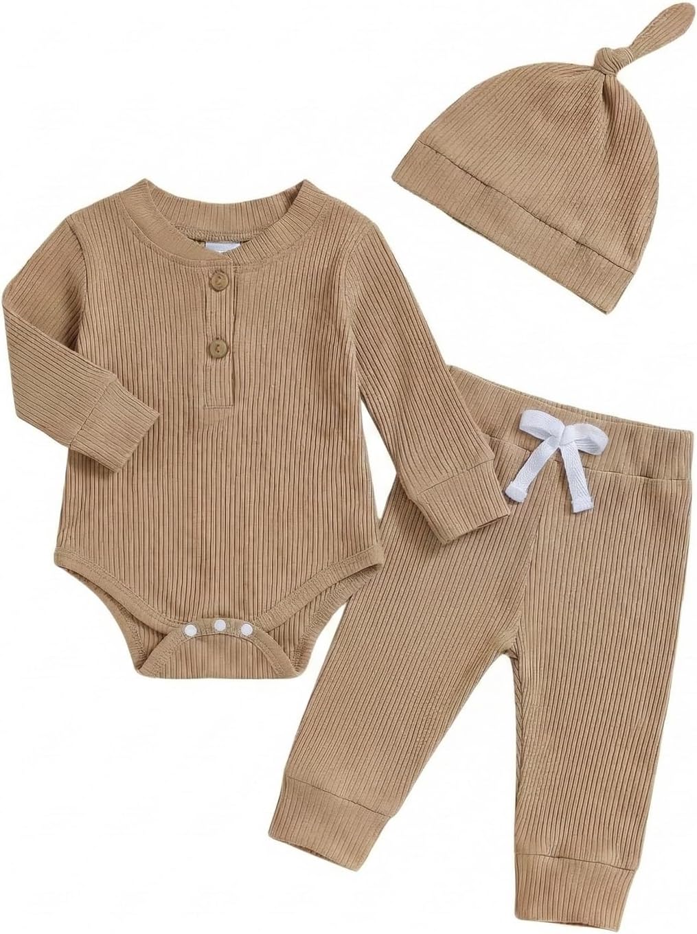 Newborn Baby Boy Clothes Long Sleeve Ribbed Bodysuit Pants Hat 3-Piece Outfit Set