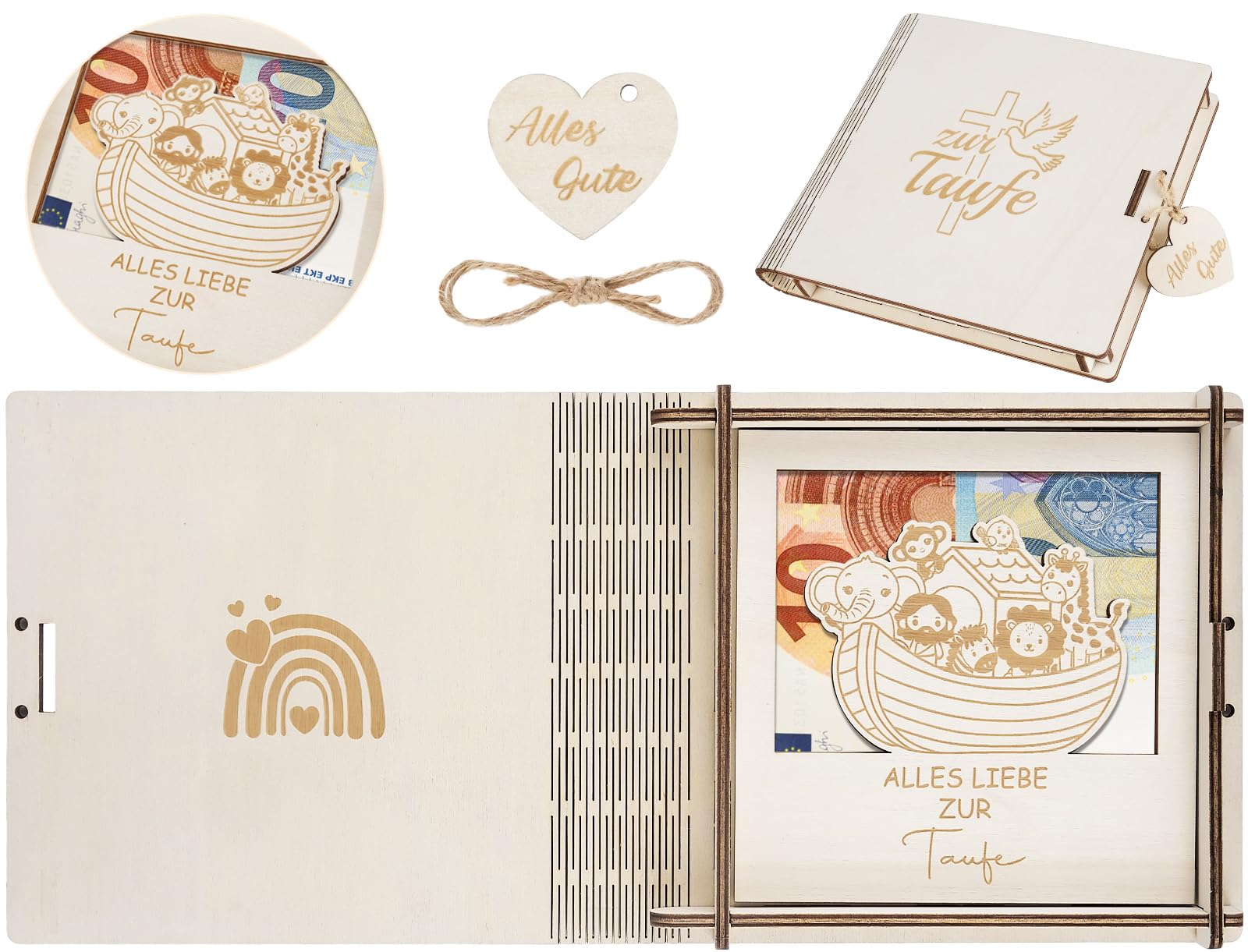 I LOVE MOM Taufe Geschenk, Taufgeschenke für Mädchen und Jungen, Arche Noah Geldgeschenke Holz Kinder, Geldgeschenke Verpackung, Deko für Geschenke, Tischdeko, Taufkerze