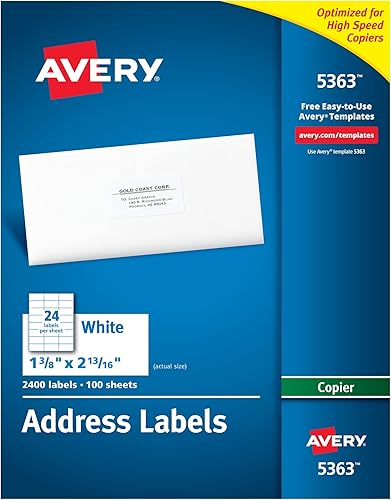 Avery Etiquetas de dirección imprimibles para copiadoras, 1-38" x 2-1316", blancas, 2,400 etiquetas de correo en blanco (05363)