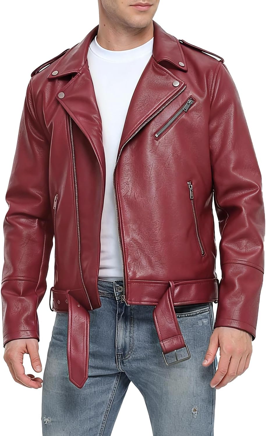 Fahsyee Leather Jackets for Men, Faux Bomber Jacket Mens Motorcycle Lapel Asymmetric Zip-Up Belt Slim Fit Biker Coat
