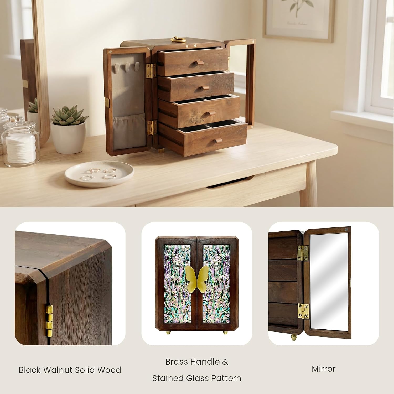 Handmade Black Walnut Jewelry Box with 4 Layers, Velvet Lining & Magnetic Closure - Large Wooden Organizer for Necklaces, Rings, Earrings (Stained Glass)