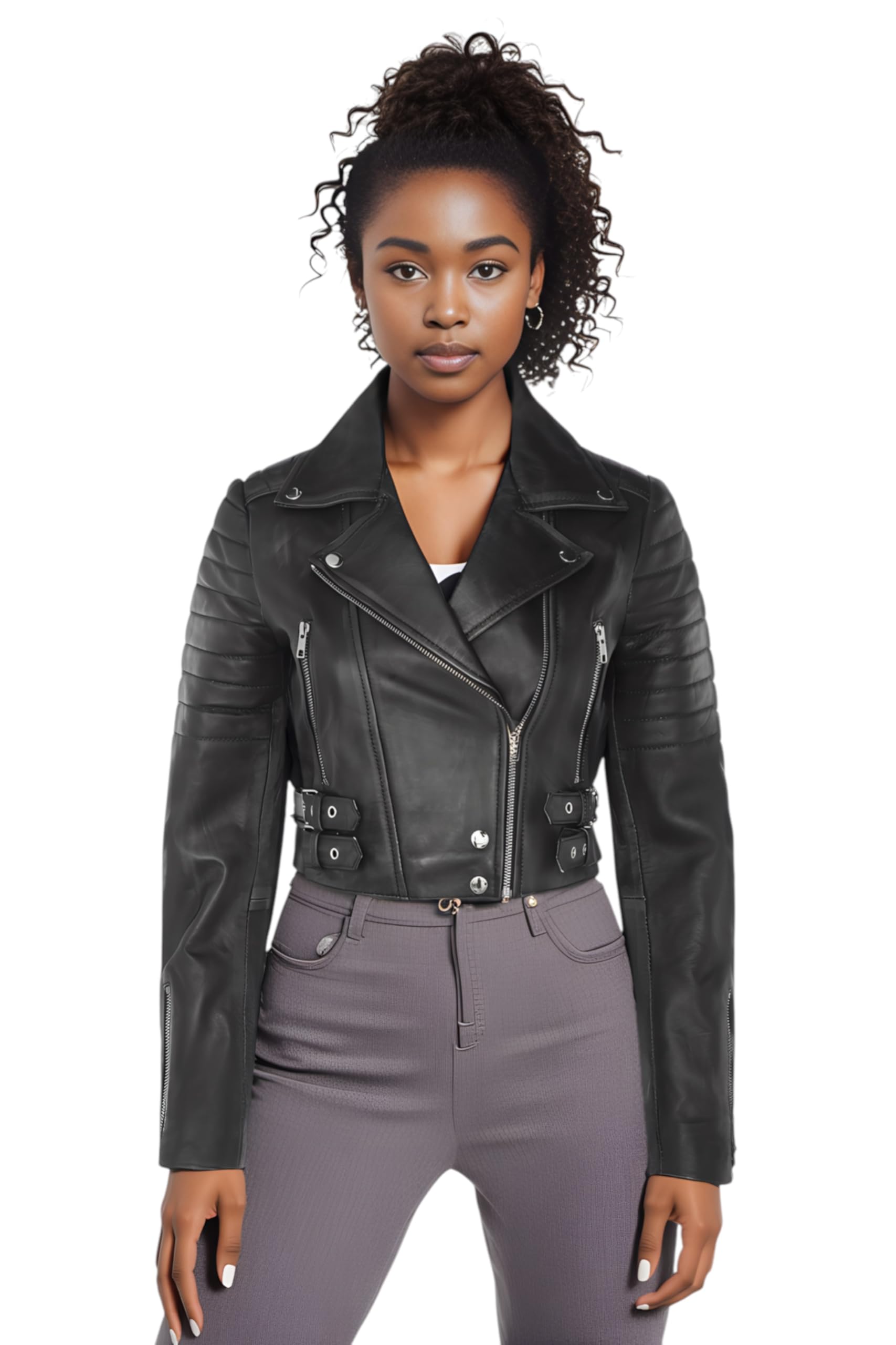 Ladies Cropped Short Body Gothic Top Black Chic Biker Real Leather