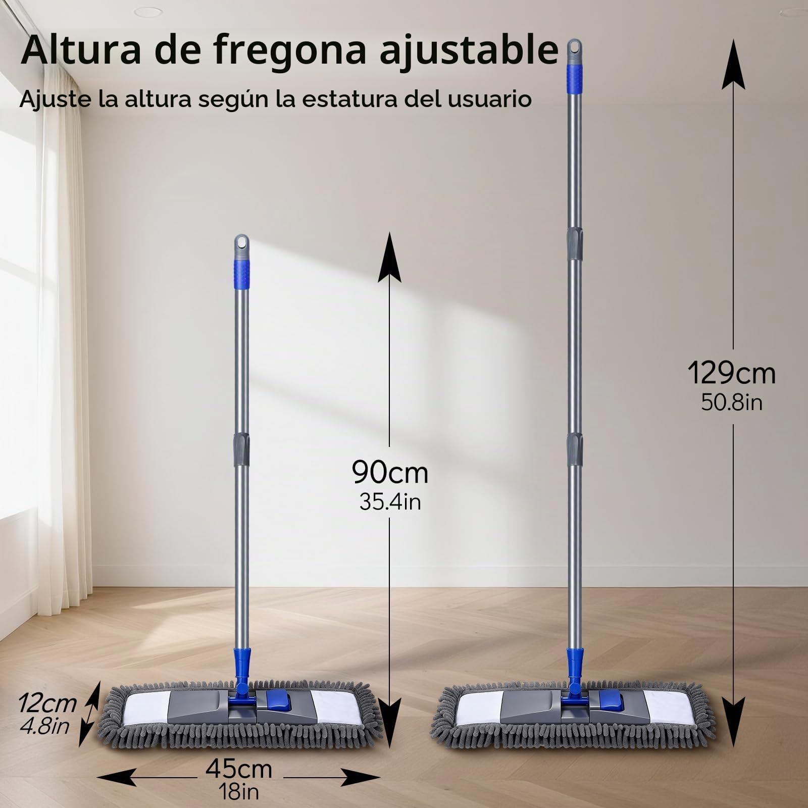 MASTERTOP Trapeador Profesional de Microfibra para Limpieza de Suelos, mopa húmeda y Seca con 4 Almohadillas Lavables reemplazables, Mango Extensible, mopa mágica para Madera Dura, Azulejos, Laminado | Mango ajustable de acero inoxidable con 2 almohadilla