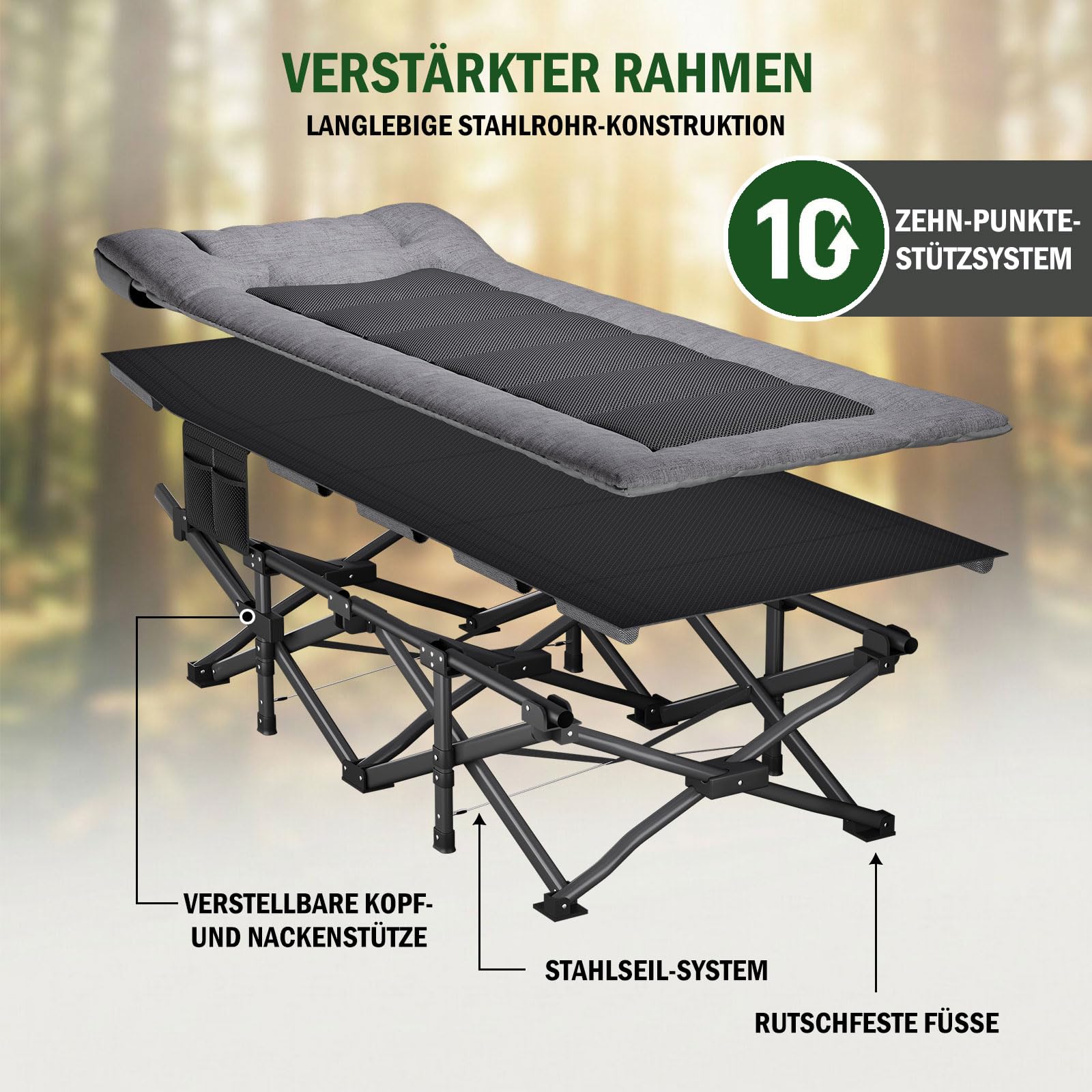 Campingbett feldbett klappbar, verstellbarem Kopfteil & mit bequemer Polsterung– tragbares Campingbett bis 200 kg Belastbarkeit, inklusive Tragetasche