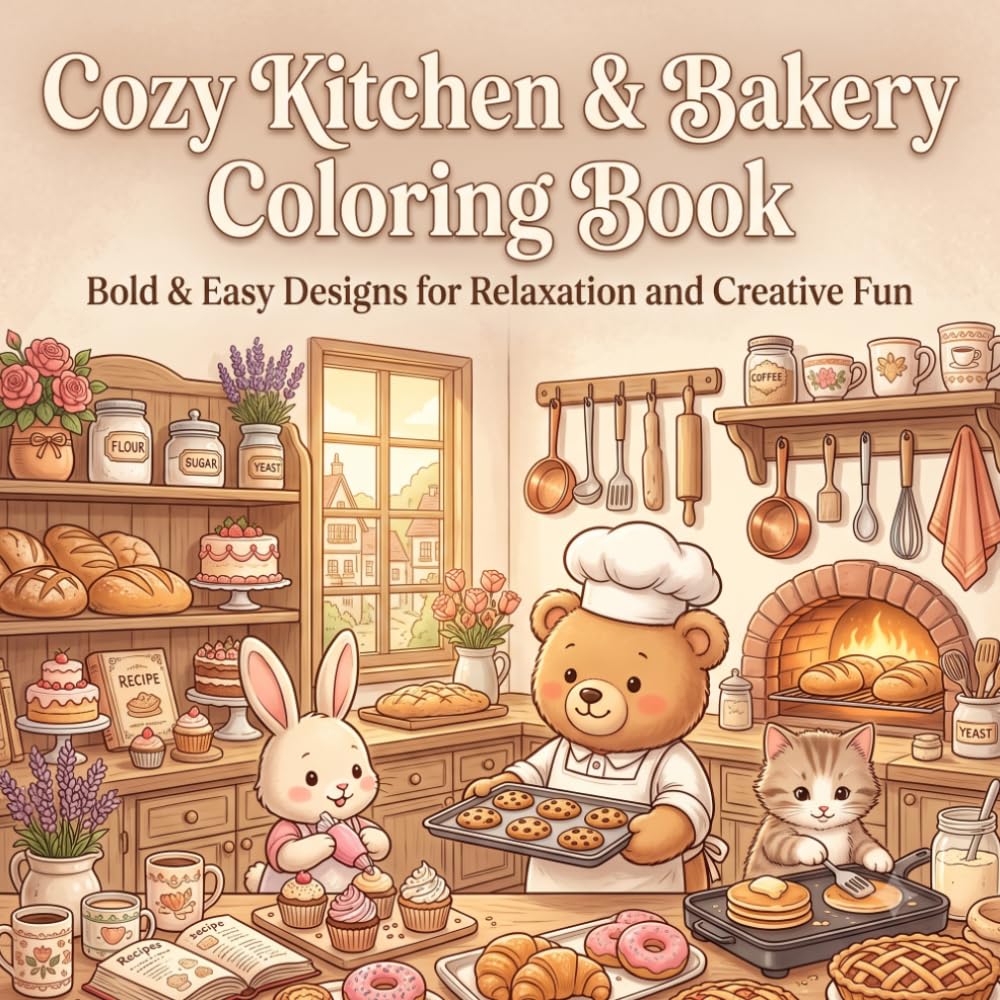 Cozy Kitchen & Bakery Coloring Book: Bold & Easy Cute Baking Scenes for Relaxation and Creative Fun