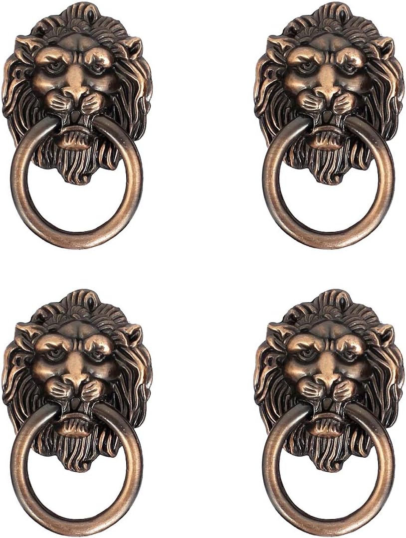 XMHF 2Pcs Lion Head Retro Style Dresser Drawer Cabinet Door Ring Pull Handle Knob, Red Copper Tone