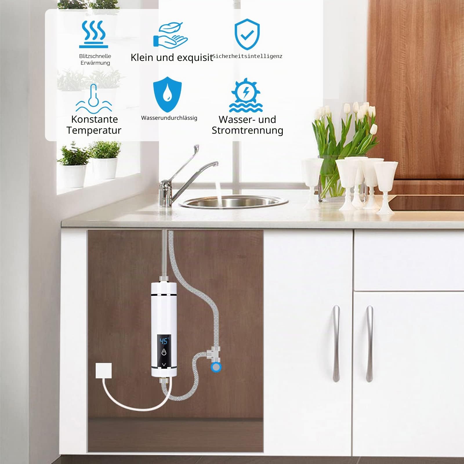 Mini Durchlauferhitzer Elektrische Durchlauferhitzer mit Bad Dusche Kit, Mini Instant Warmwasserbereiter Durchlauferhitzer Tankless für Badezimmer Küche, ohne Stecker (Weiß-5500W mit Duschset)