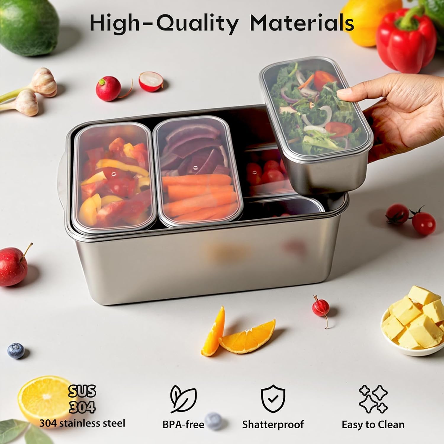 8 PCS Large Stainless Steel Food Storage Containers with Lids, 3 Sizes Meal Prep Containers Set for Vegetables, Fruits, Snacks, Roasting Chicken, Lasagna, BPA Free and Oven Safe (245oz, 31oz, 21oz) - Image 4