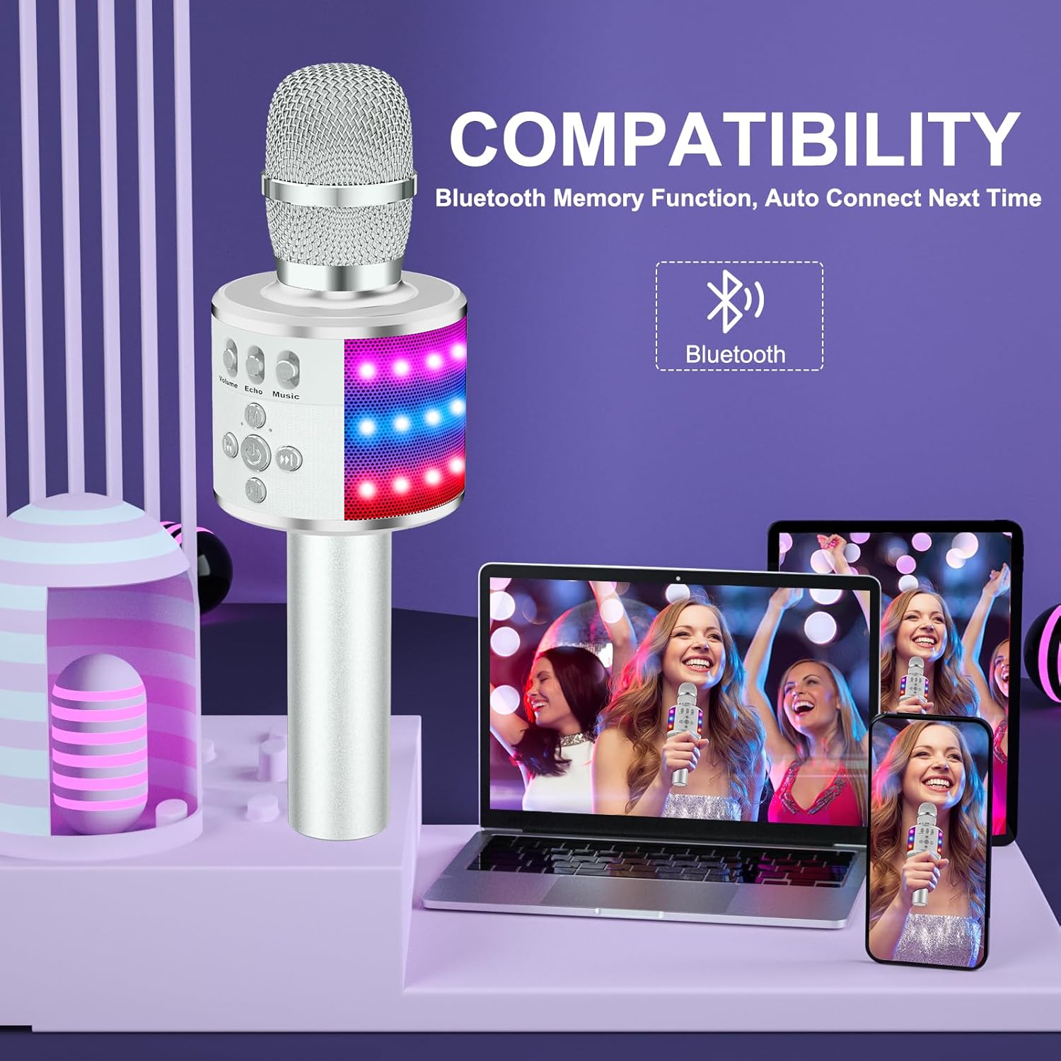 BONAOK Karaoke Microphone for Kids & Adults - Bluetooth Microphones Singing Mic with Disco Lights, Echo Effect, Built-in Speaker Portable Karaoke Player for Party Travel Gifts Q78(Silver) - Image 6