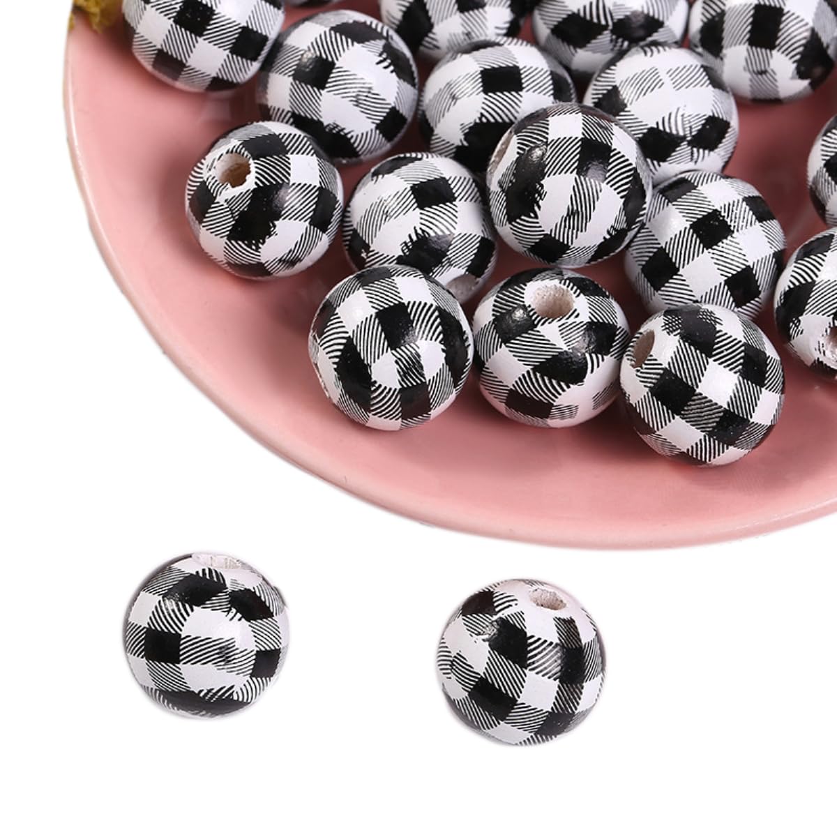 200 perline rotonde da infilare, 16 mm, perle di legno naturale, rotonde con foro rotondo, per artigianato, bracciali, collane, vestiti, acchiappasogni, bianco e nero