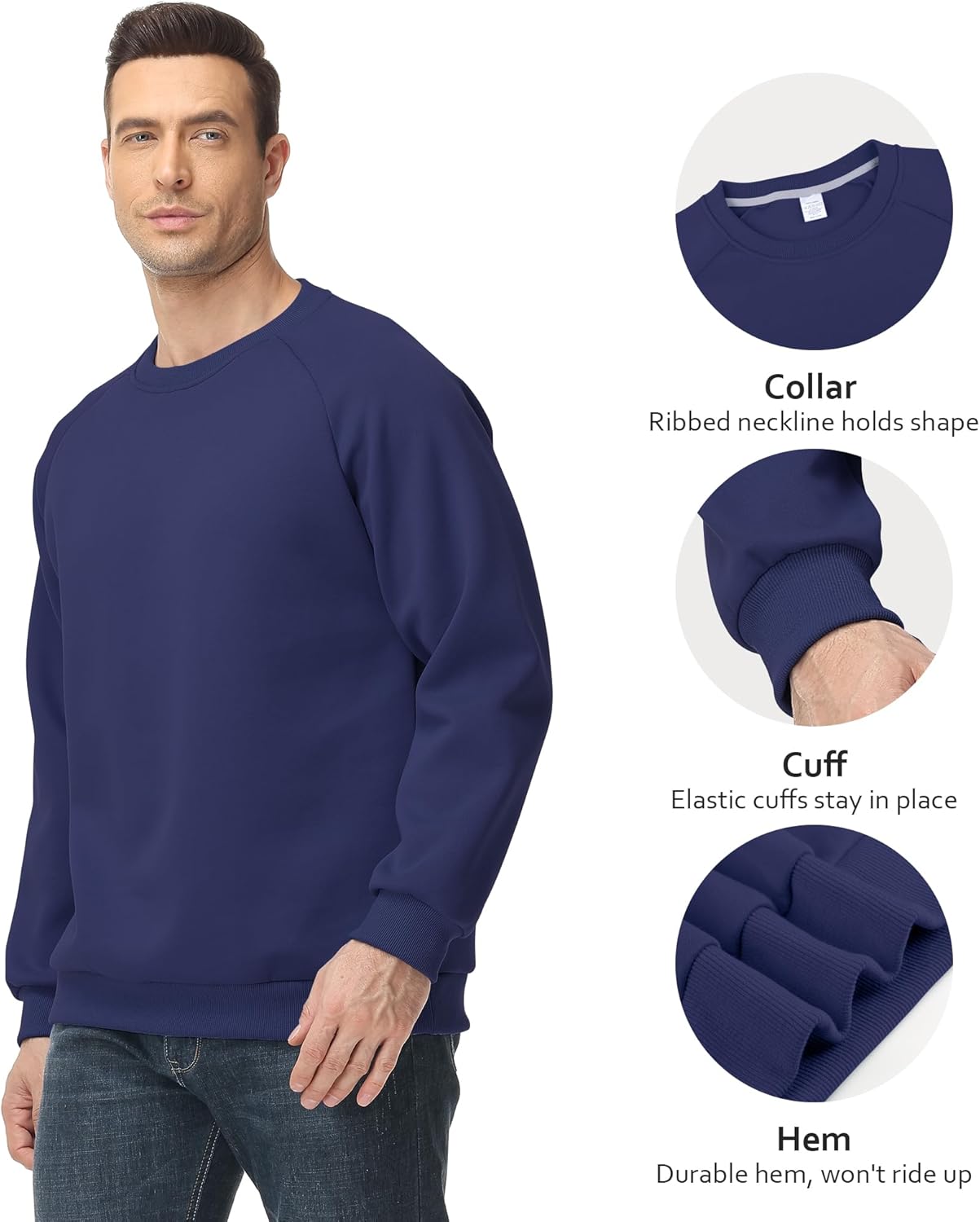 Men’s Crewneck Sweatshirt – Cotton Pullover, Solid Color Long Sleeve for Fall-Winter Comfort & Warmth - Image 3