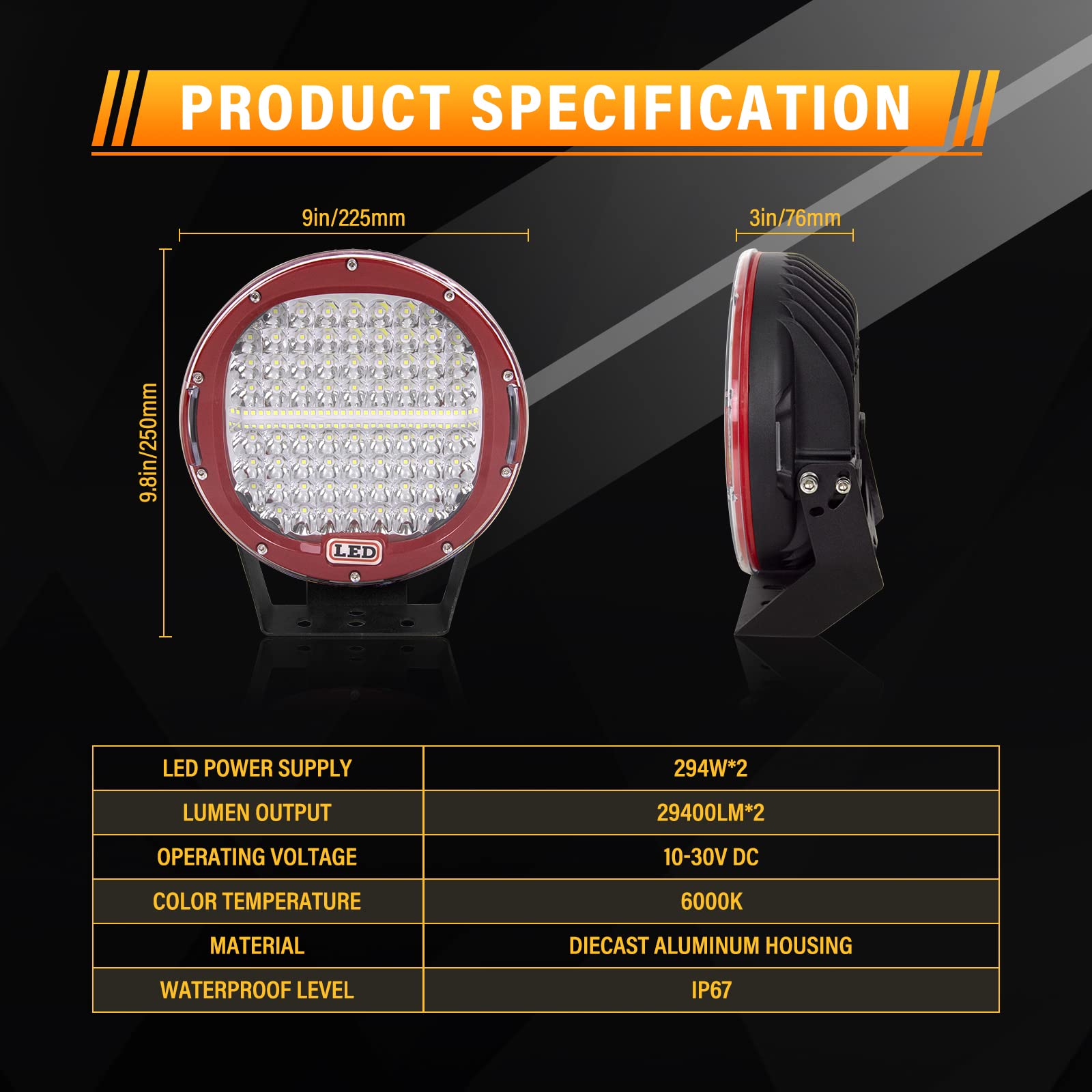 RIGIDON 2 Pcs faros trabajo led redondo, 9 pulgadas 294W Rojo Spot lámpara trabajo led 12V 24V foco led tractor impermeable para off road camión coche ATV UTE SUV 4x4, 6000K Blanca faros antiniebla