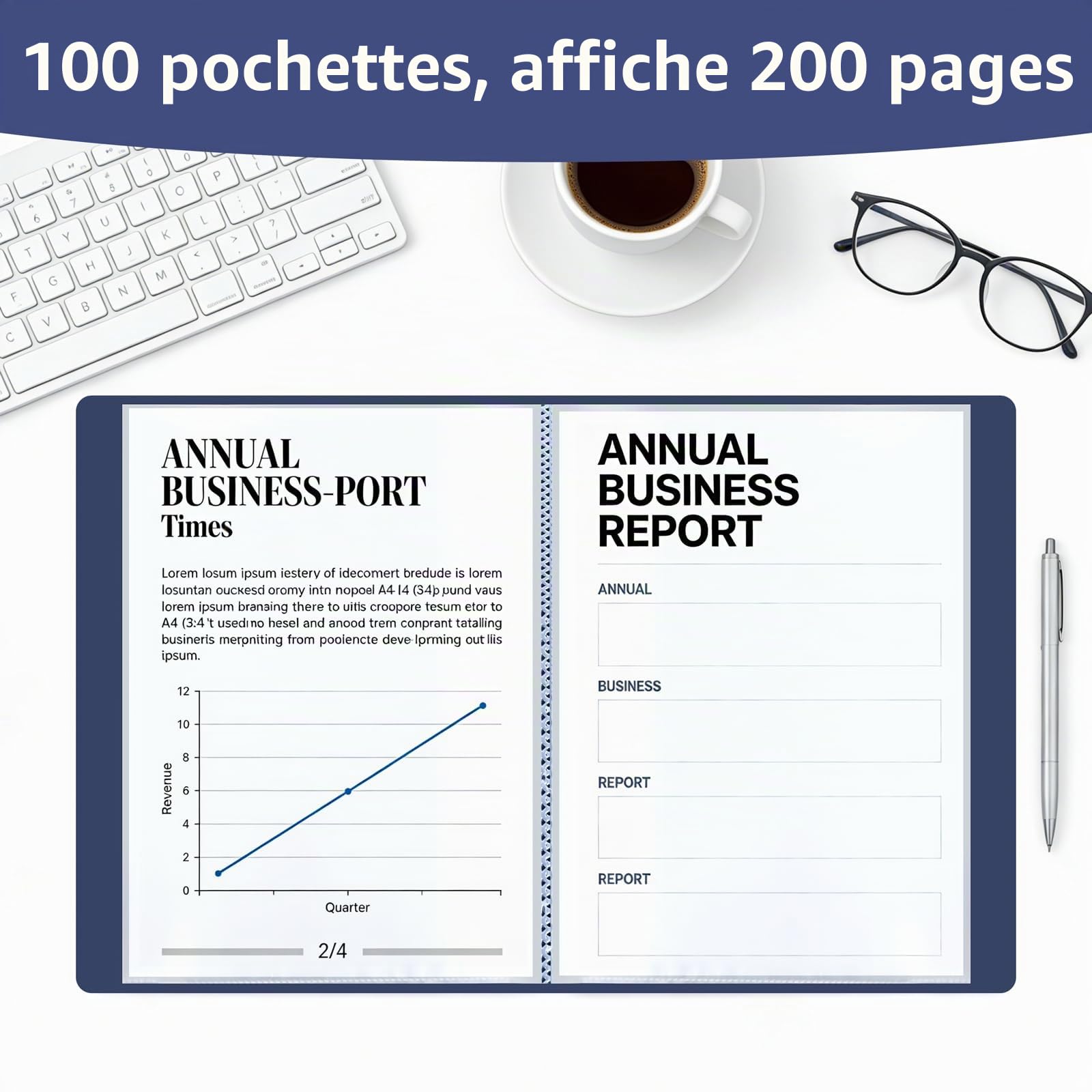 Lot de 2 Porte-Vues A4,Protège-Documents avec 100 Pochettes(Bleu) | 200 Vues