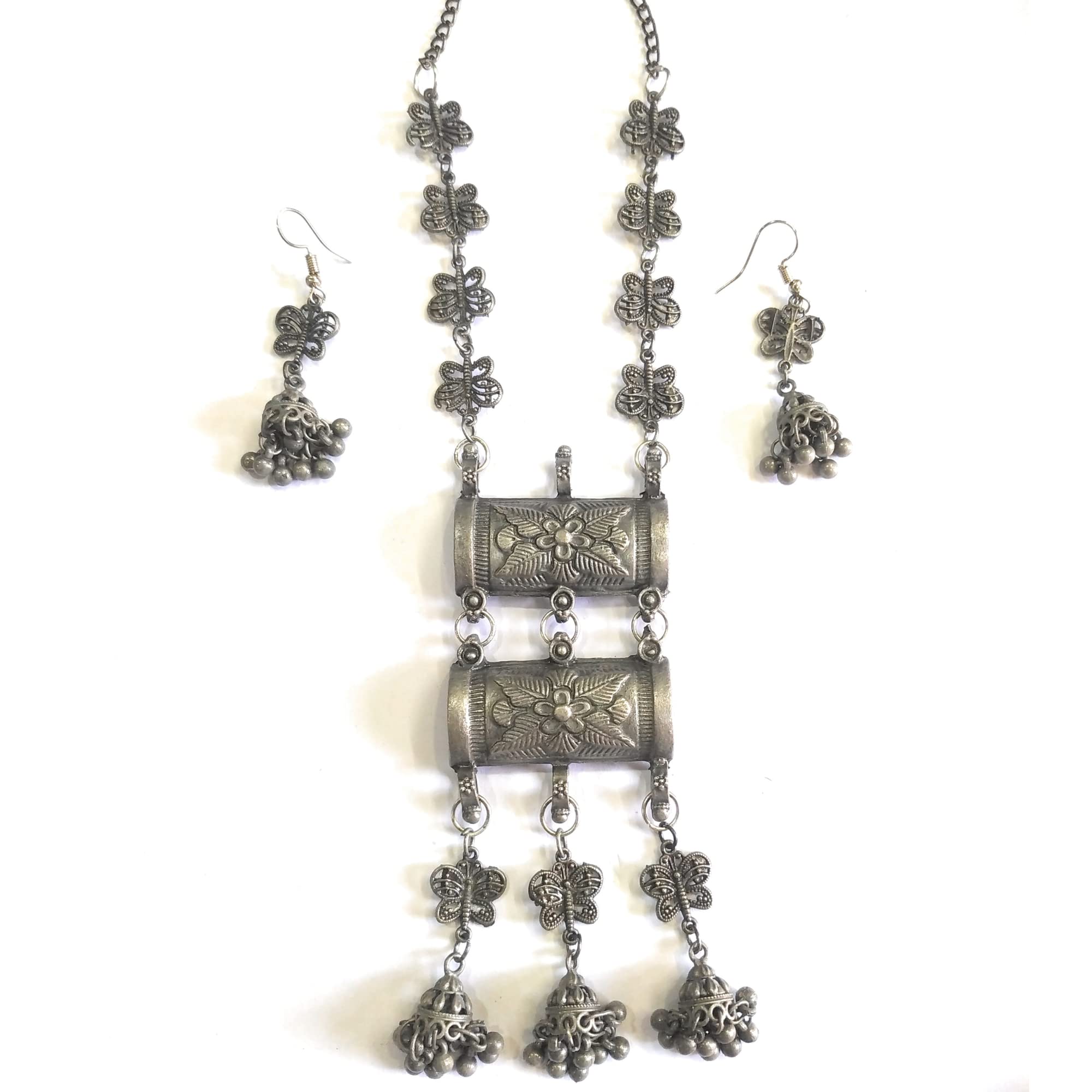 Dulcett India Afghani Oxidised Silver Jewellery Stylish Black Metal Antique Long Necklace Set With Earrings for Women & Girls (B0BXP19QB3) Amazon Price History, Amazon Price Tracker