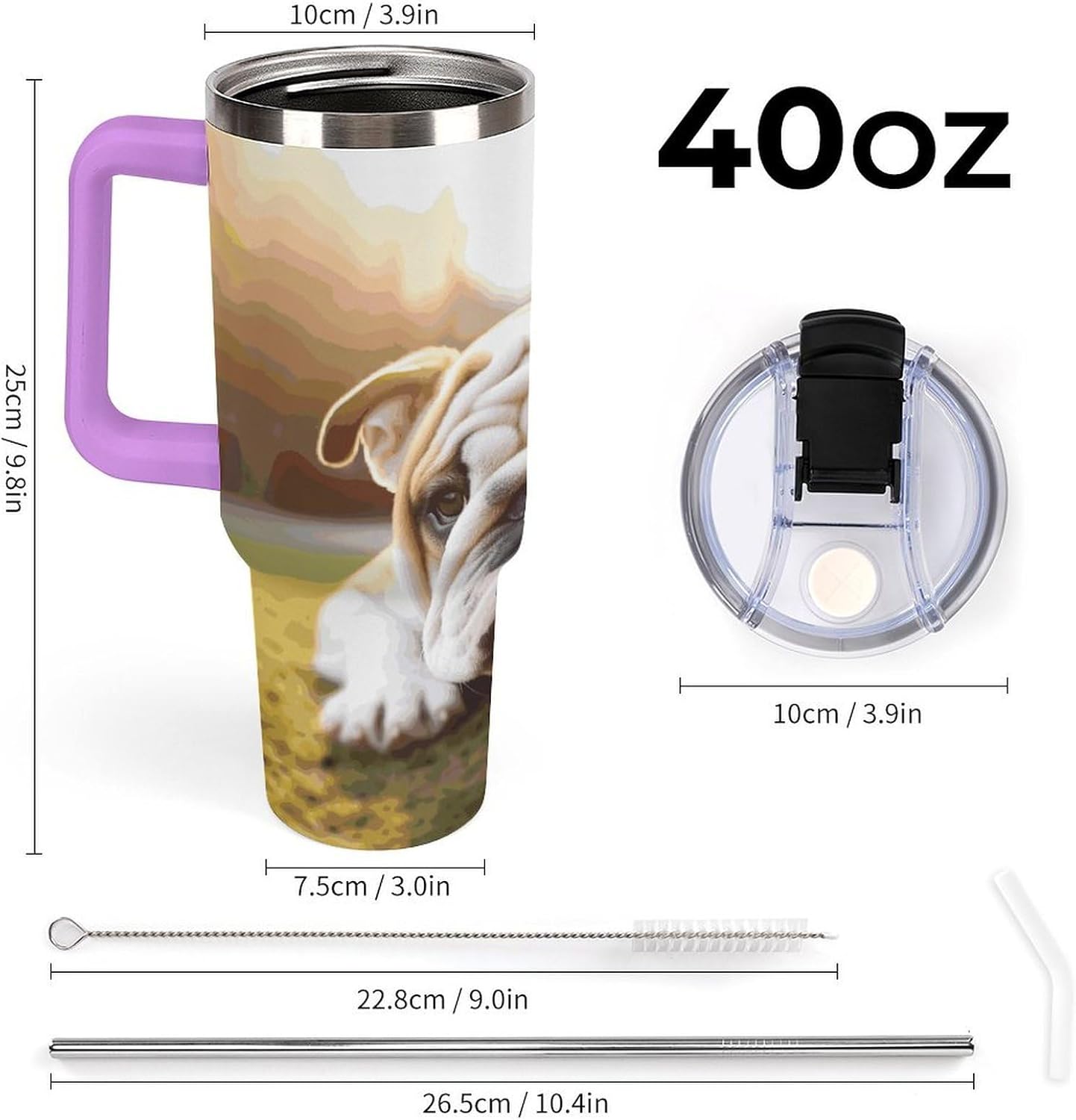 40 Oz Insulated Mug with Handle, Stainless Steel Cute Bulldog Puppy Printed Travel Mug Portable Leak-proof Large Car Mug for Home, Office Or Car