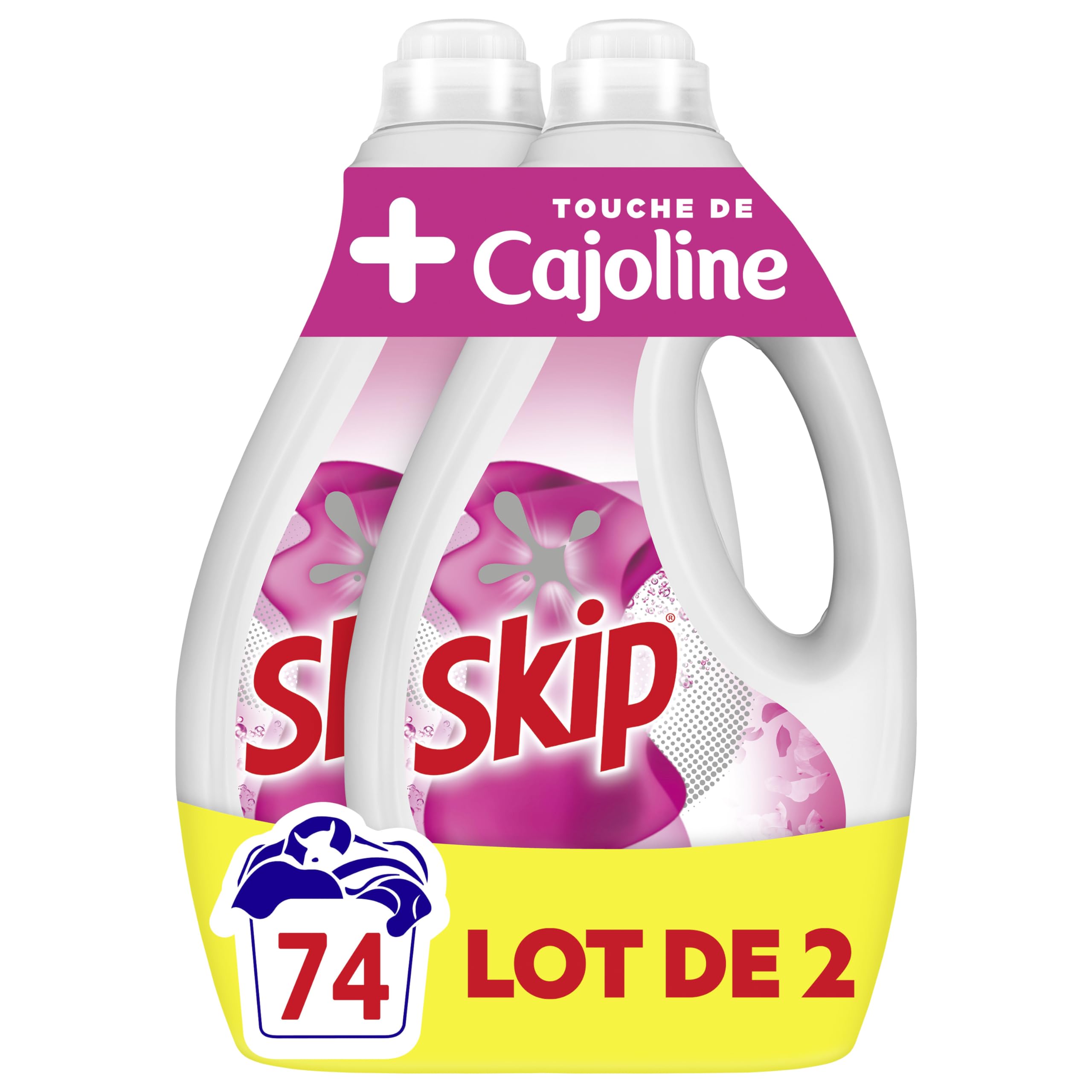 Skip Lessive Liquide Tout en 1 Touche de Cajoline, 74 Lavages | Lessive liquide efficace sur les taches, apporte douceur et parfum frais longue durée, adaptée aux cycles courts dès 30C