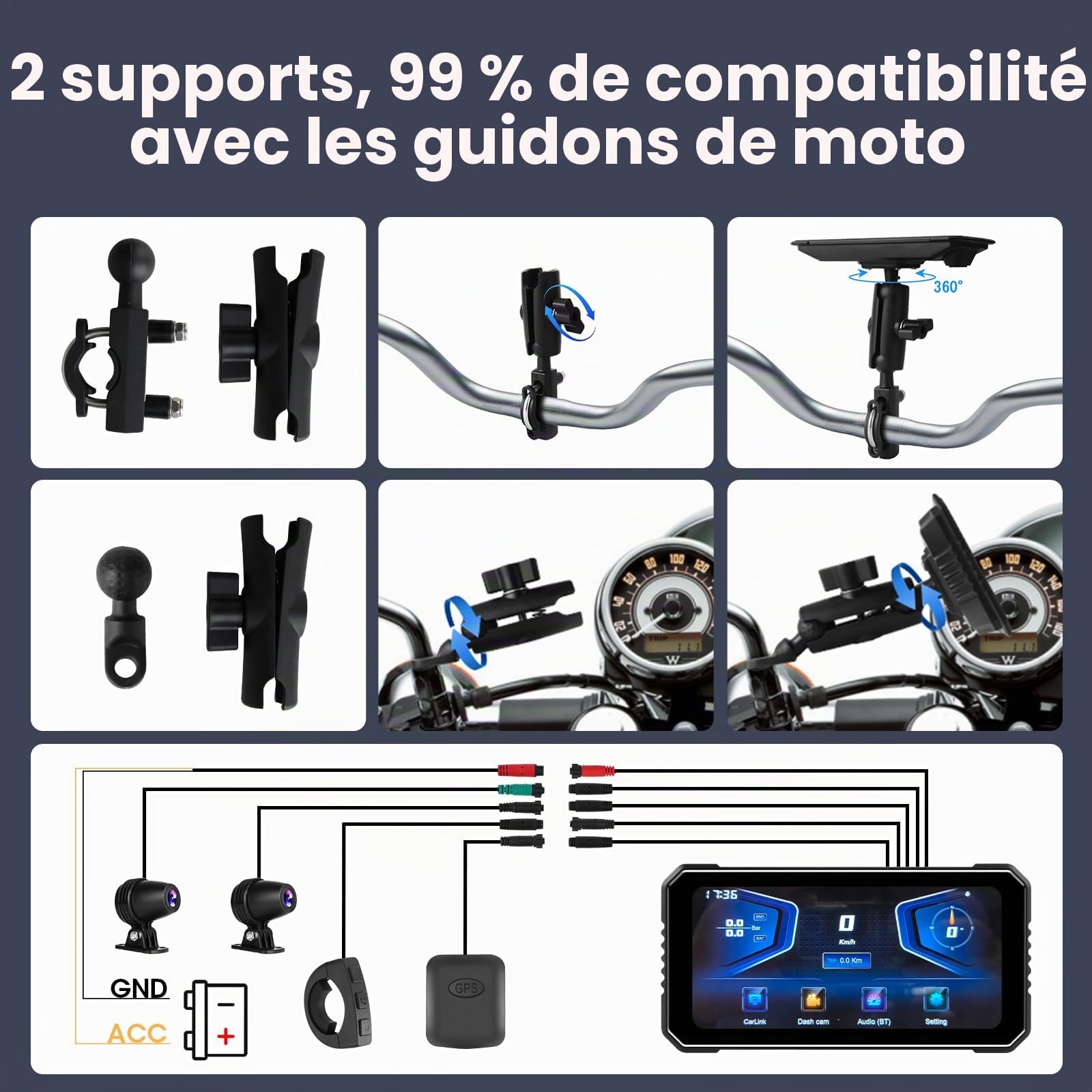 Vtopek CarPlay Moto avec 6,25 Pouces Display Dashcam Moto Carplay Android Auto avec 4K+1080P Double Caméra Navigation GPS Étanche Double Bluetooth Commande Vocale Siri Carte 64GB-TF