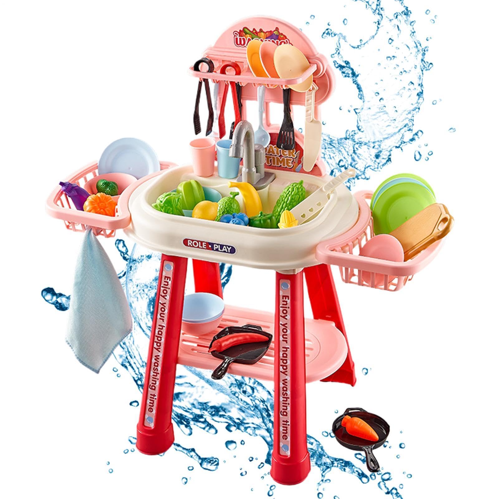 Giocattolo 52 Pezzi di Finzione con Frutta Verdura e Stoviglie | Lavello Giocattolo da Cucina con Tavolo ad Acqua per Compleanno, Festa dei Bambini, Capodanno, Bambini e Bambine