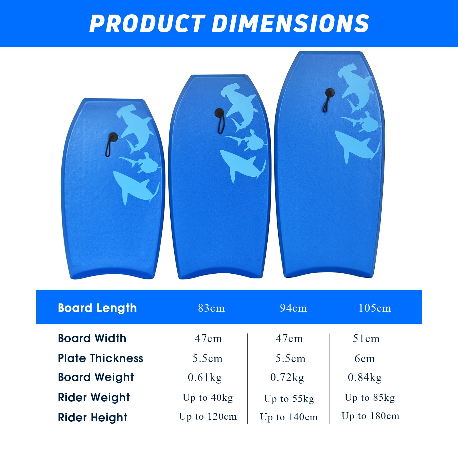 HOMASIS Bodyboard con Guinzaglio, Tavola da Surf in XPE & HDPE, Surfboard con Stampa di Squalo, Tavoletta da Surf Portatile per Bambini e Adulti, Blu