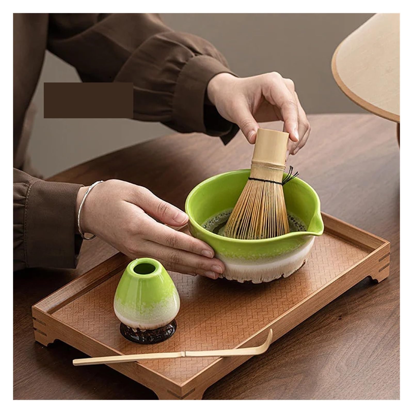 Juego de té Matcha 5 piezas con tazón, batidor bambú y cuchara, fabricación tradicional