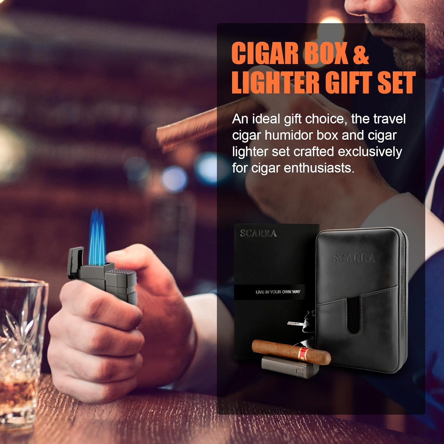 SCARRA Travel Cigar Humidor Box with Cigar Lighter, Leather Cedar Wood Cigar Case, V Cut Cigar Cutter, Cigar Holder, Portable Hand-Held Cigar Humidor with Humidifier, Holds 6 Cigars Gift Set (Black)