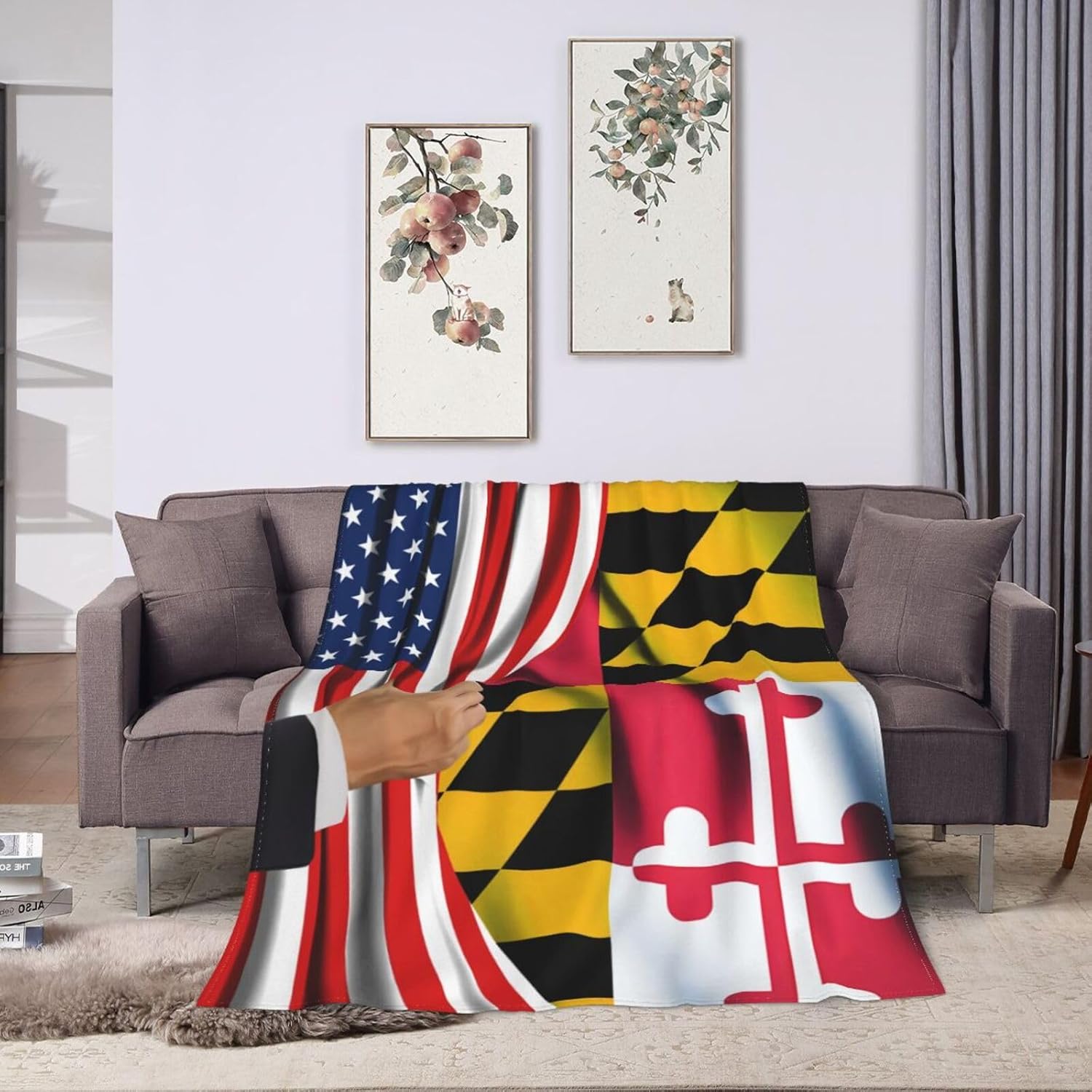 Warm Ultra-Soft American Flag and Maryland Flag Flannel Blanket,Black All Season Throw Blanket Home Decor Gifts for Sofa Couch Bed Living Room 60"X50"