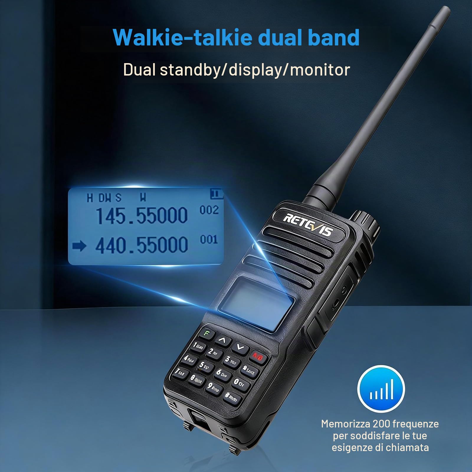 Retevis RT85 Walkie Talkie a Lungo Raggio, Radio Ricetrasmittenti Dual Band, 200 Canali DTMF 1400mAh Torcia LED; Professionali Walkie-Talkie Ricaricabili per Caccia, Escursionismo (Nero, 2Pz)