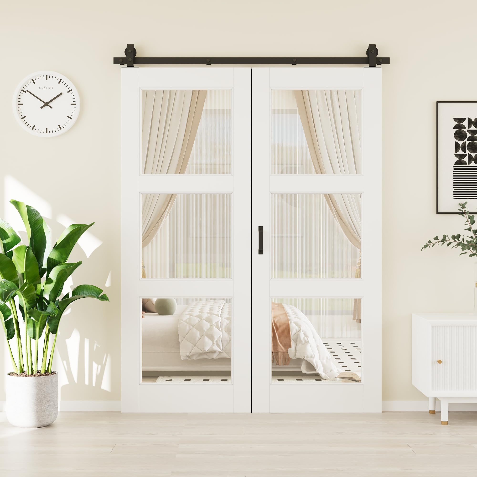 60"(30" x 2) x 80" 3-Lites Tempered Clear Glass Bifold Barn Door
