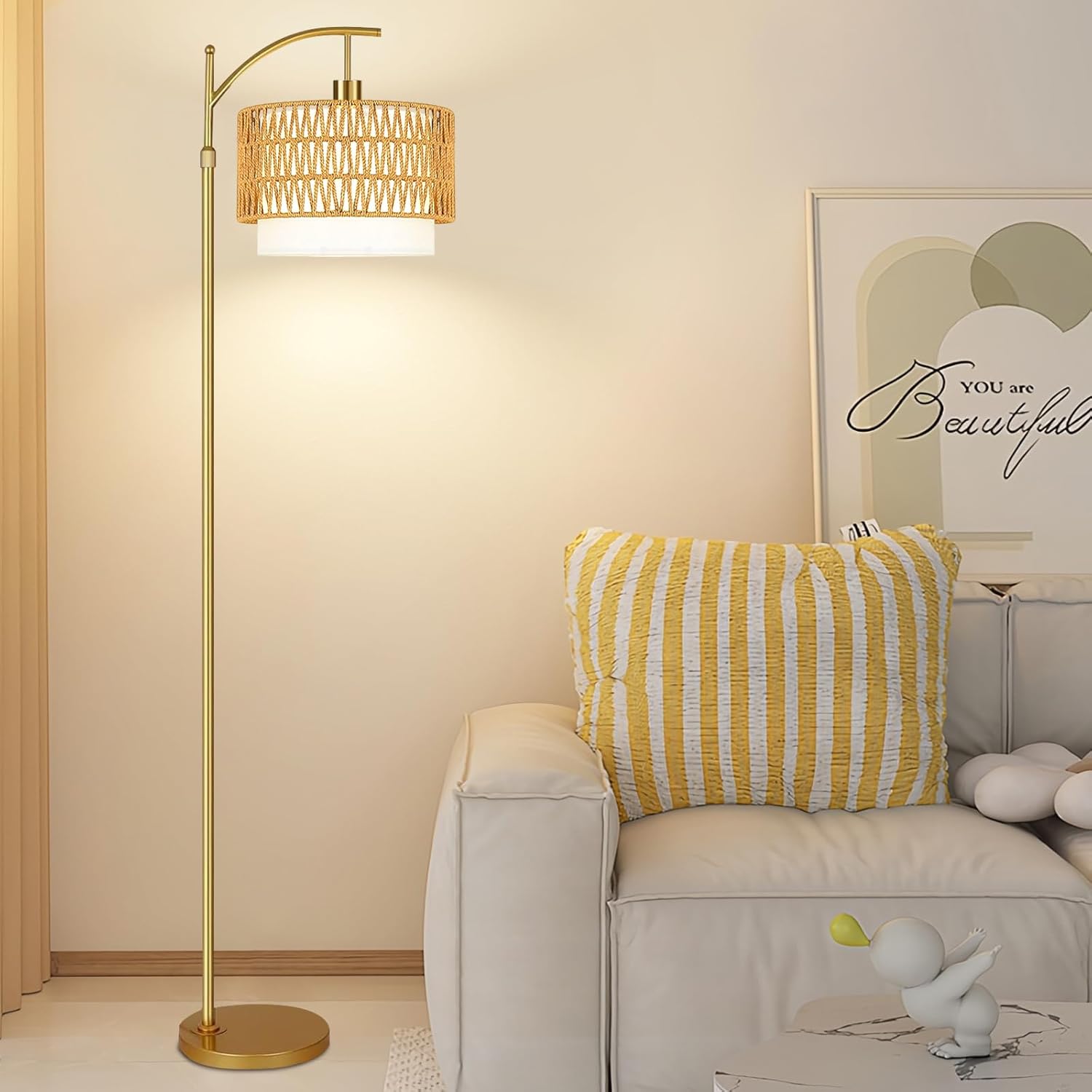 Gold Floor Lamps for Living Room Rattan Boho Floor Lamp with Remote Control & 3 Color Temperature, Dimmable Arc Floor Lamps Wicker Lamp Shades Brass Standing Lamp Tall Floor Lamp For Bedroom Corner