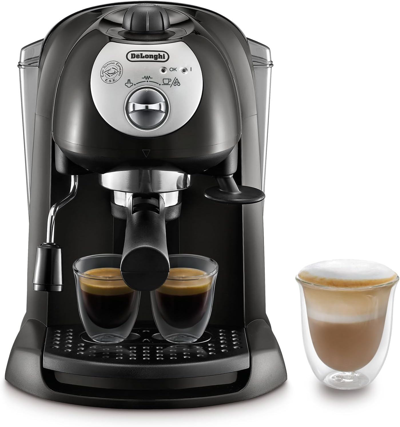 DeLonghi EC201.CD.B Macchina da Caffè Espresso e Cappuccino, Per Polvere di Caffè o Cialde E.S.E., Sistema Latte Manuale, Serbatoio Estraibile da 1.1 L, Caldaia acciaio inox [Classe di efficienza energetica A]