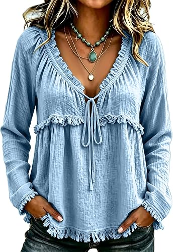 Peplum Fringe Fall Boho Blouses for Women V-Neck Cotton Linen Blouse
