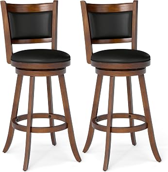COSTWAY Bar Stools Set of 2, 360 Degree Swivel, Accent Wooden Swivel Seat Bar Height Stool, Leather Upholstered Design, PVC Cushioned Seat, Perfect for Dining and Living Room (Height 29)