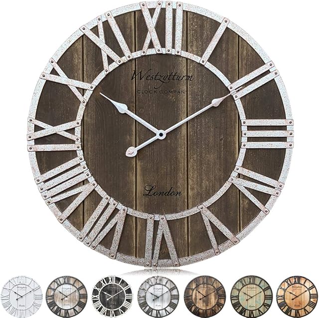 Westzytturm Large Wall Clock Wooden Frame 3D Roman Numeral Metal Decorative Silent Movement Handmade Round Wooden Wall Clocks for Living Room,Kitchen,Office,Garden(Silver 46cm Diameter)