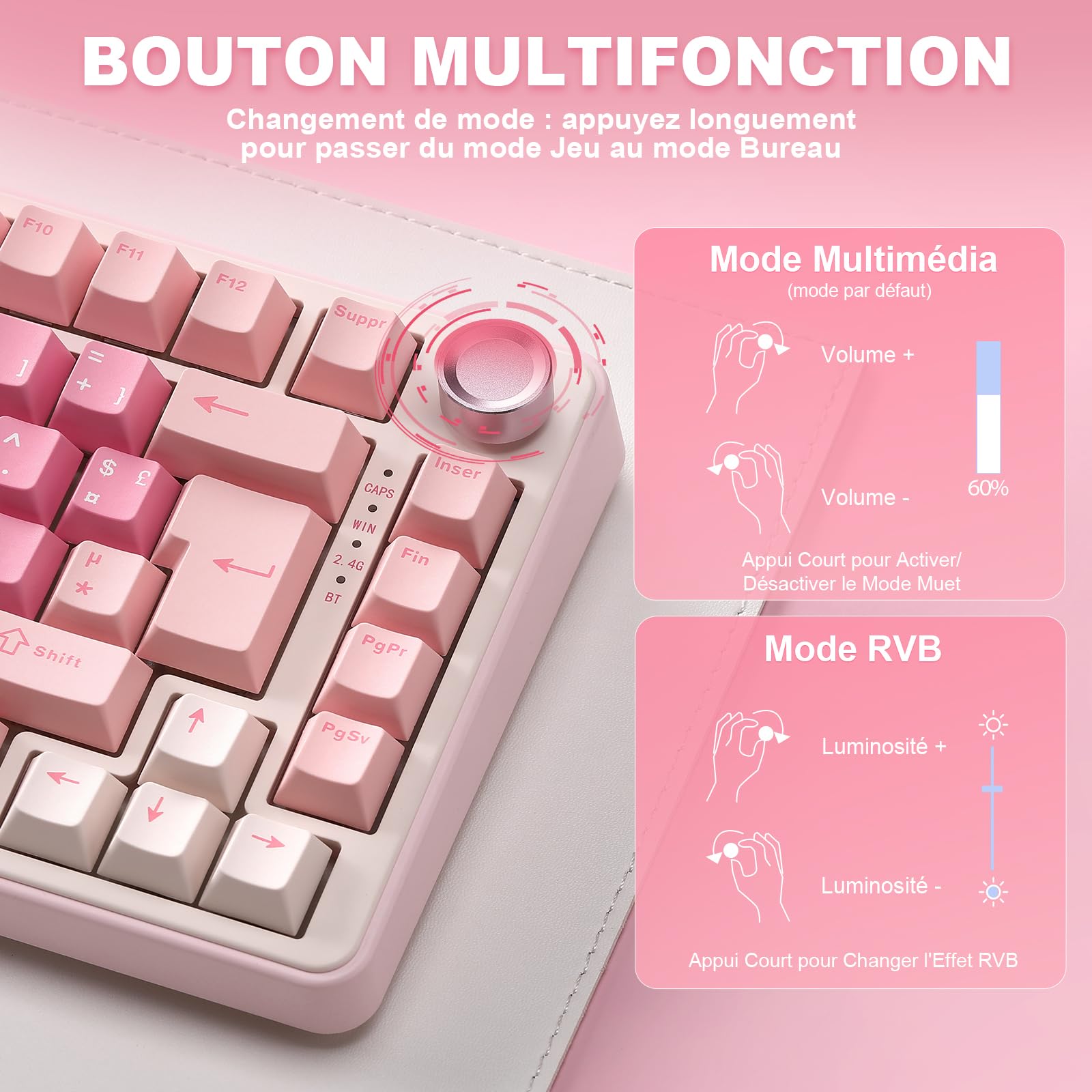 YUNZII B75 PRO Tastiera Meccanica Wireless, 75% Layout FR AZERTY, Tastiera da Gioco con Struttura Gasket, Hot-swap e Manopola, RGB, Connettività BT/USB-C / 2.4G (Rosa, Cocoa Cream V2 Switch)