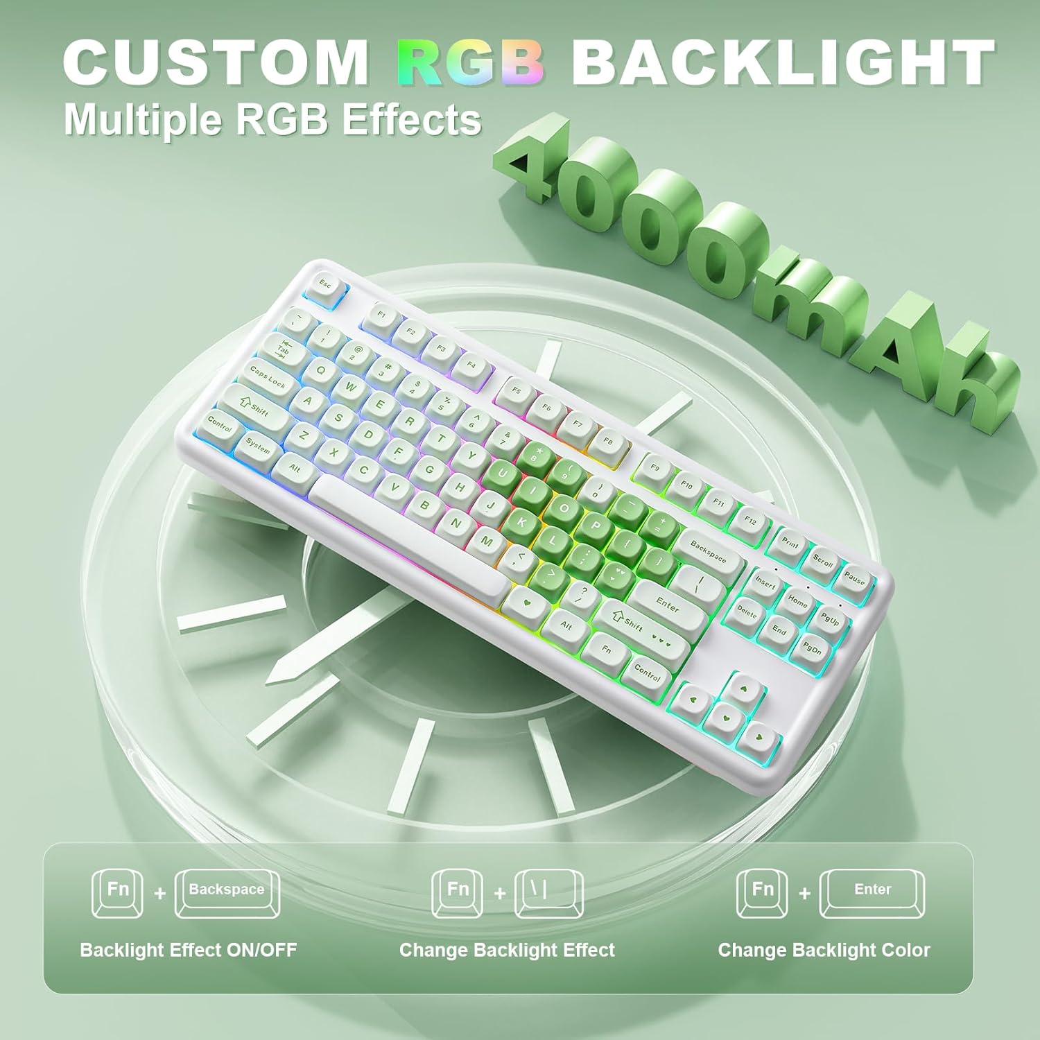 YUNZII B87 Wireless Mechanical Keyboard,QMK/VIA Programmable,TKL Layout 87 Keys,BT/2.4G/USB-C,Hot Swap Gasket Mount RGB Backlit Gaming with Wrist Rest for Win/Mac (Matcha Heart, Cocoa Cream V2) - Image 7