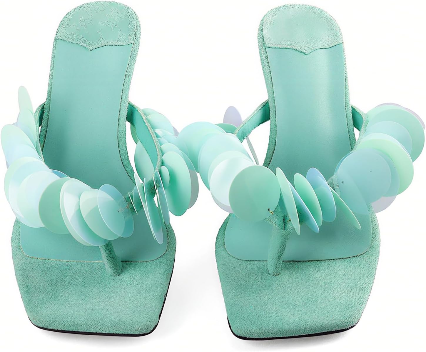 Goolita Women's Suede Sequin Kitten Heels Flip Flops Open Square Toe Strappy Thong Slide Heeled Sandals Comfort Prom Party Mules Heels