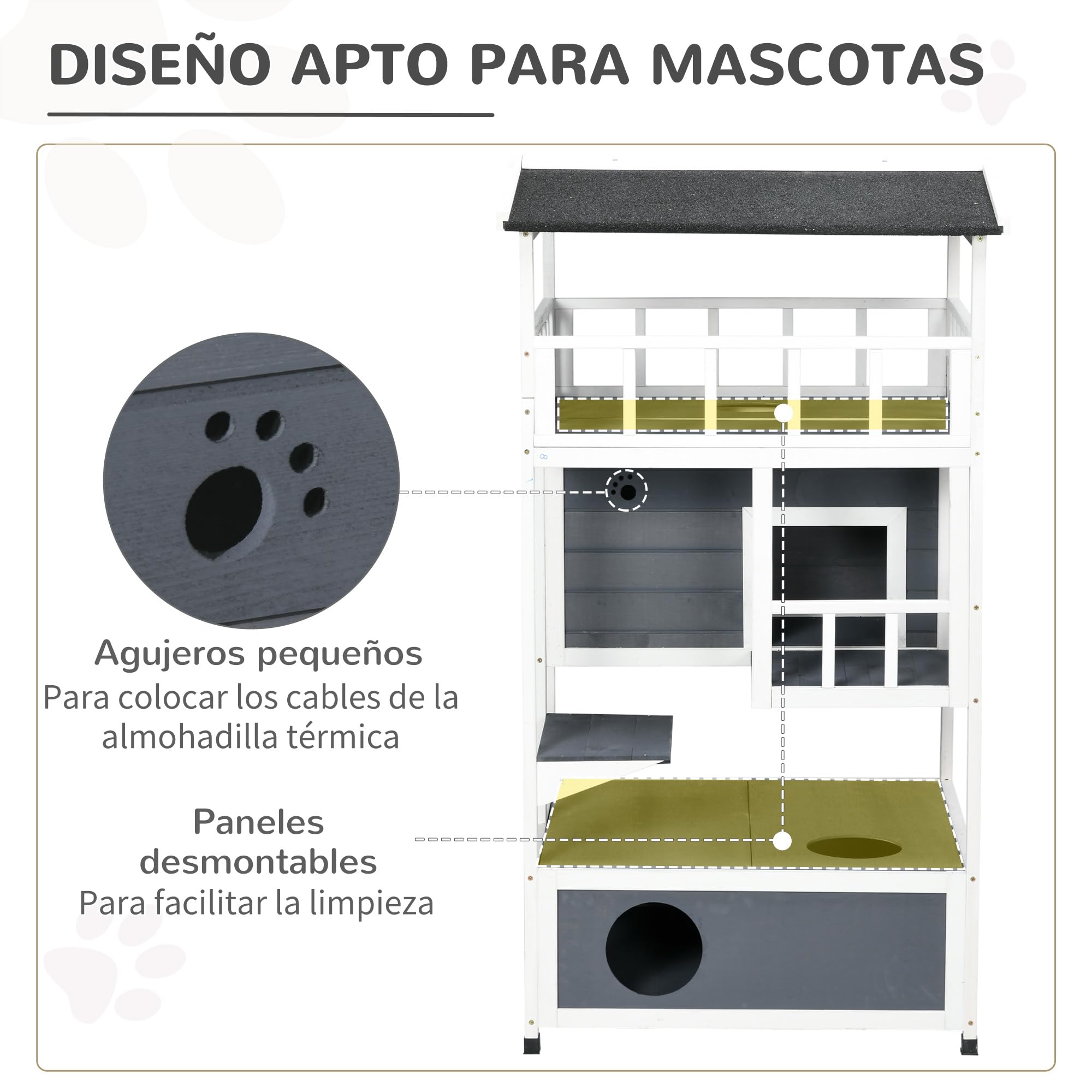 Pawhut Casa para gatos de madera de abeto con gran espacio de 4 niveles y espacio extraíble para arena, 78 x 76 x 140 cm, gris y blanco