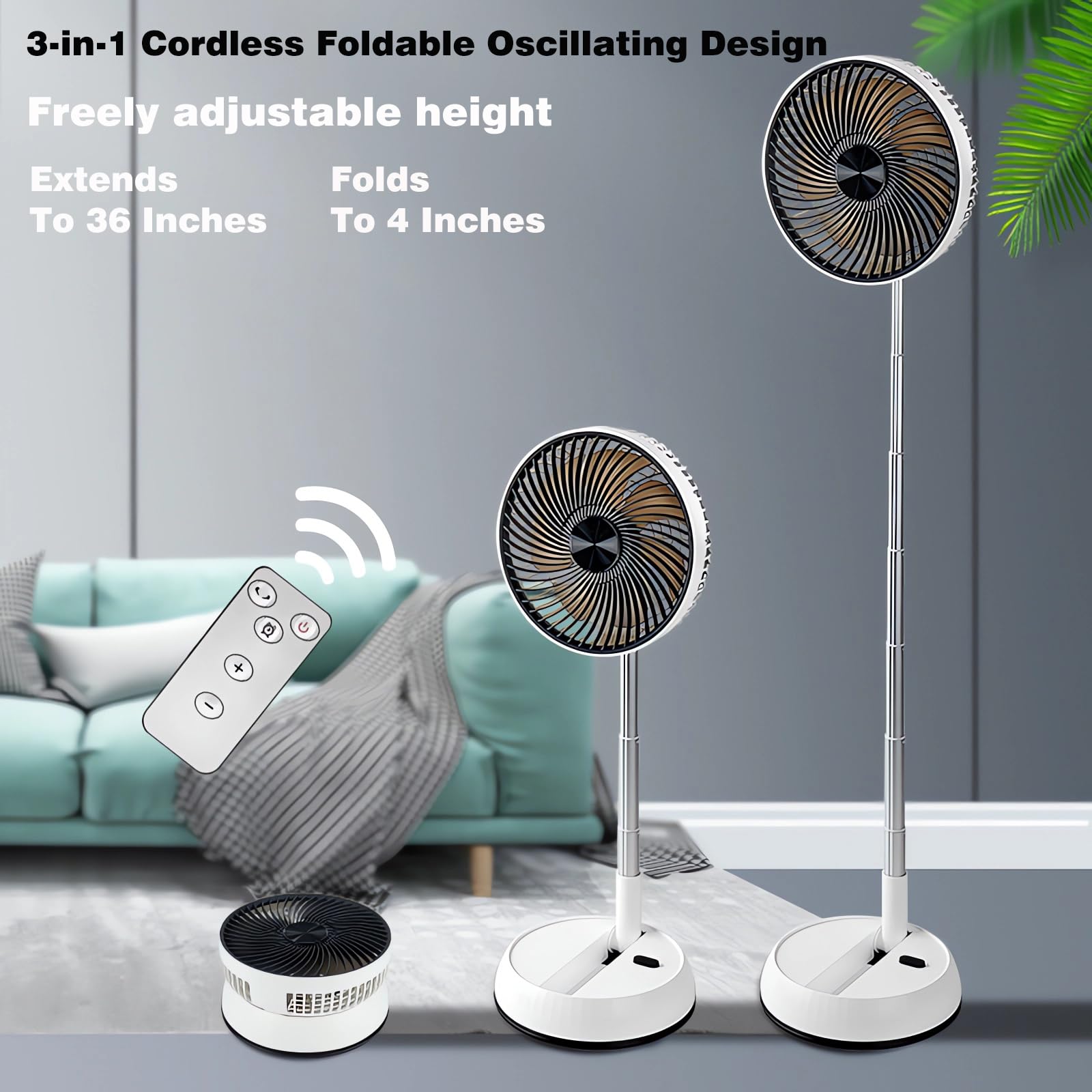 Ventilador oscilante plegable recargable de 8 pulgadas, 7200 mAh, funciona con pilas, ventilador de pedestal silencioso para dormitorio, oficina, campamento, viajes (cuerpo blanco y parrilla 2