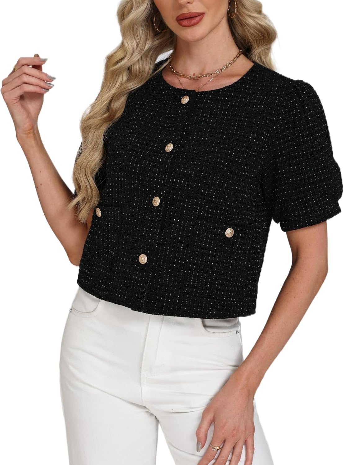 Women's Tweed Blazers Jackets Cropped Puff Short Sleeve Collarless Work Suits Coat with Pockets - Image 3