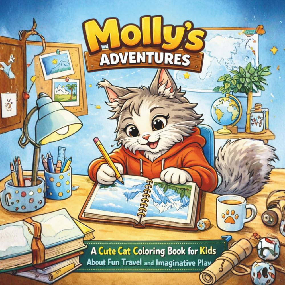 Molly’s Adventures: A Cute Cat Coloring Book for Kids Ages 4–8 with Fun Travel, Animals and Creative Scenes: Cat Coloring Book for Boys & Girls, ... Adorable Animals and Easy Creative Pages