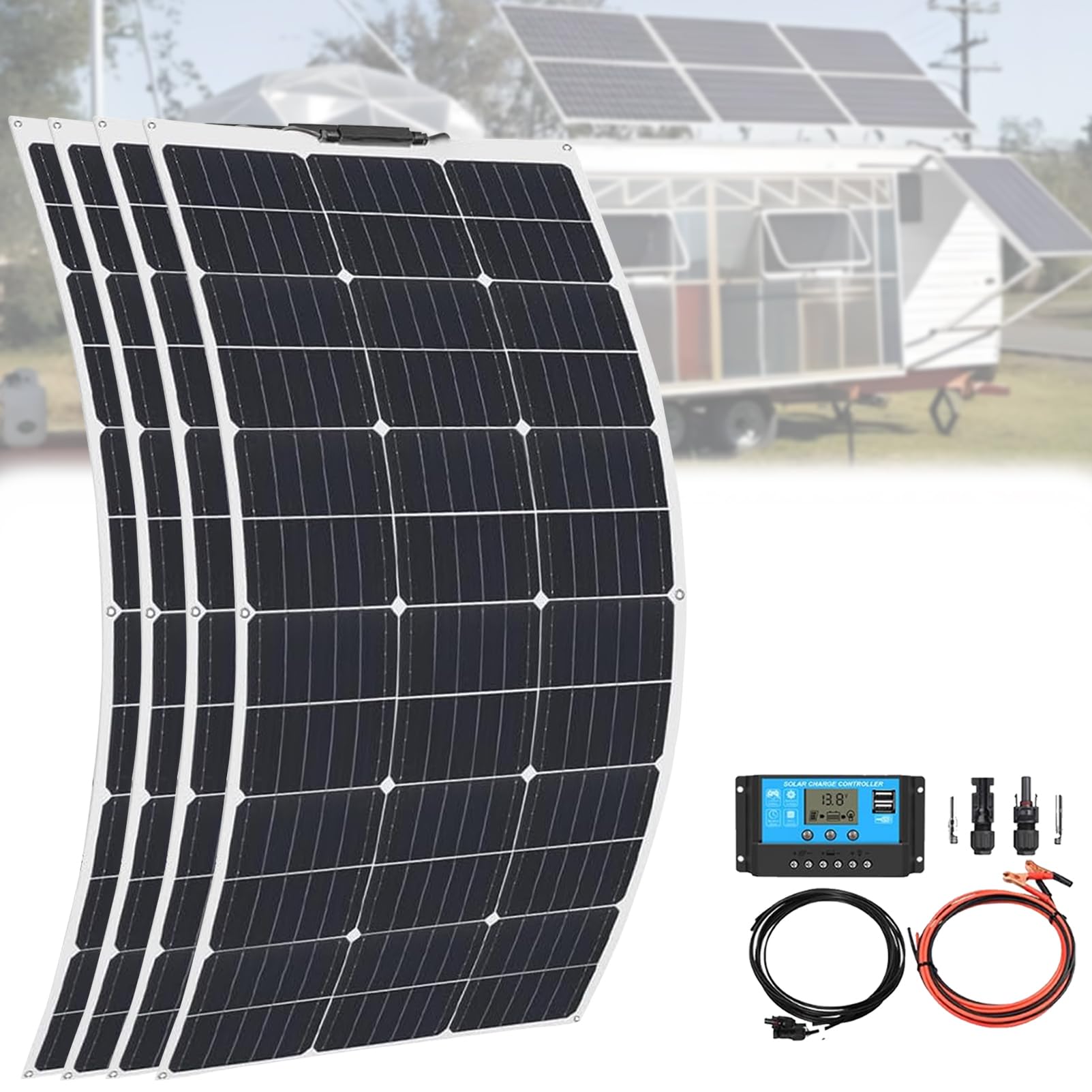 Pannello Solare, Kit Pannello Solare, con 40A Regolatore Solare, 400w, per Camper Barche Roulotte Furgoni Batterie Altre Superfici Irregolari. 4×200w
