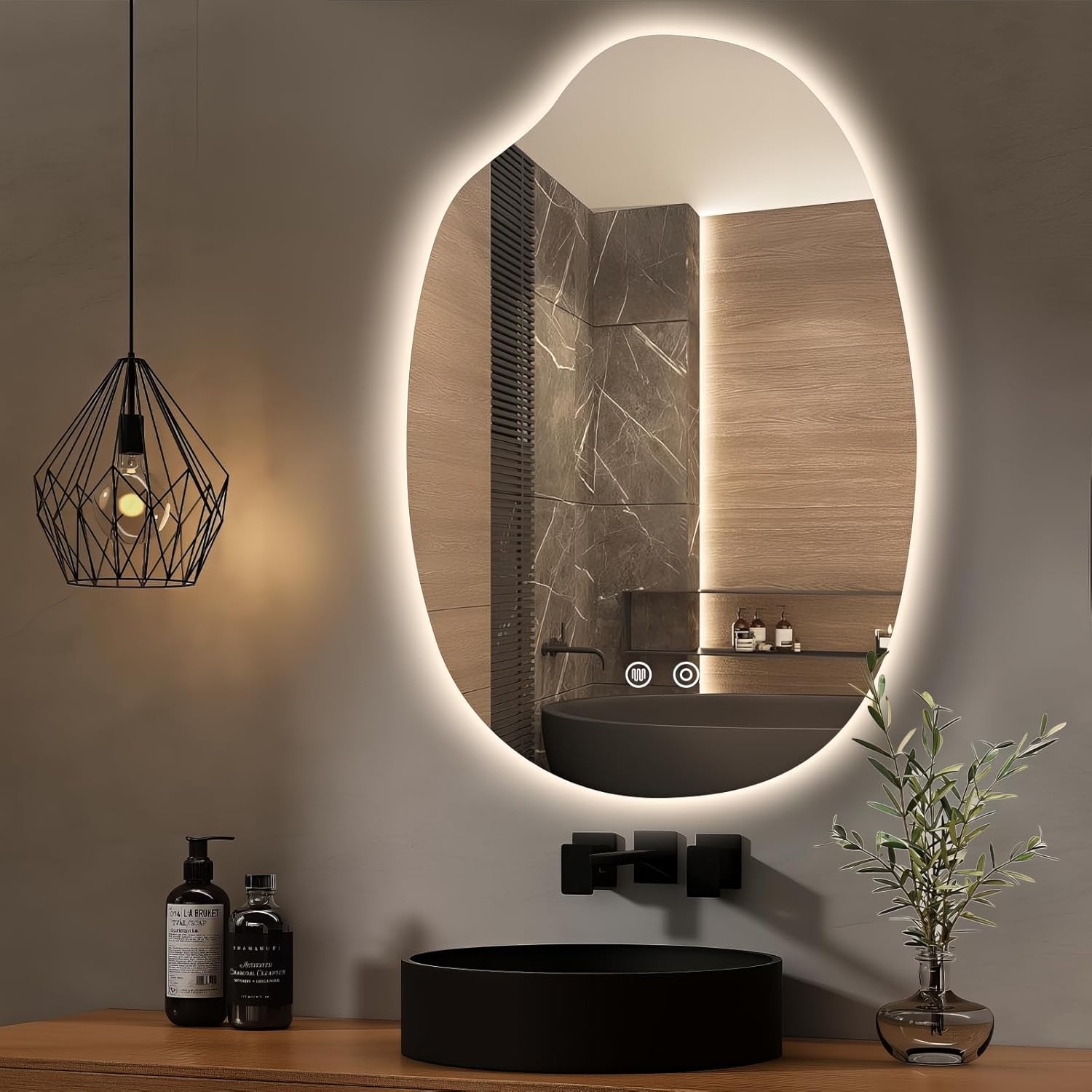 LED Bathroom Mirror with Lights, 32"x22" Frameless Irregular LED Mirror, Anti Fog Backlit Mirror for Bathroom Bedroom Living Room, Dimmable with 3 Colors, Memory Horizontal/Vertical Frameless 32"L x 22"W